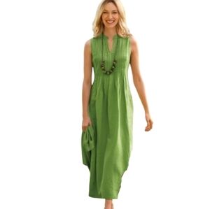 J. Jill Pintuck Pleat Split V Neck Linen Kelly Green Sleeveless Maxi Dress Large